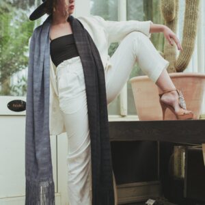 Handwoven Cotton Scarf: Oversized Two-Tone Gray & Black Tassel Scarf